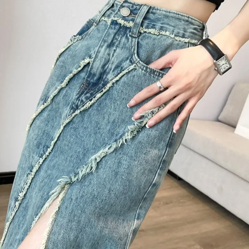 Frau Jeans rock eng mit Tasche Coquette Midi hohe Taille Gyaru Schlitz Wickel Jeans Röcke für Frauen blau sexy lange Maxi Vintage