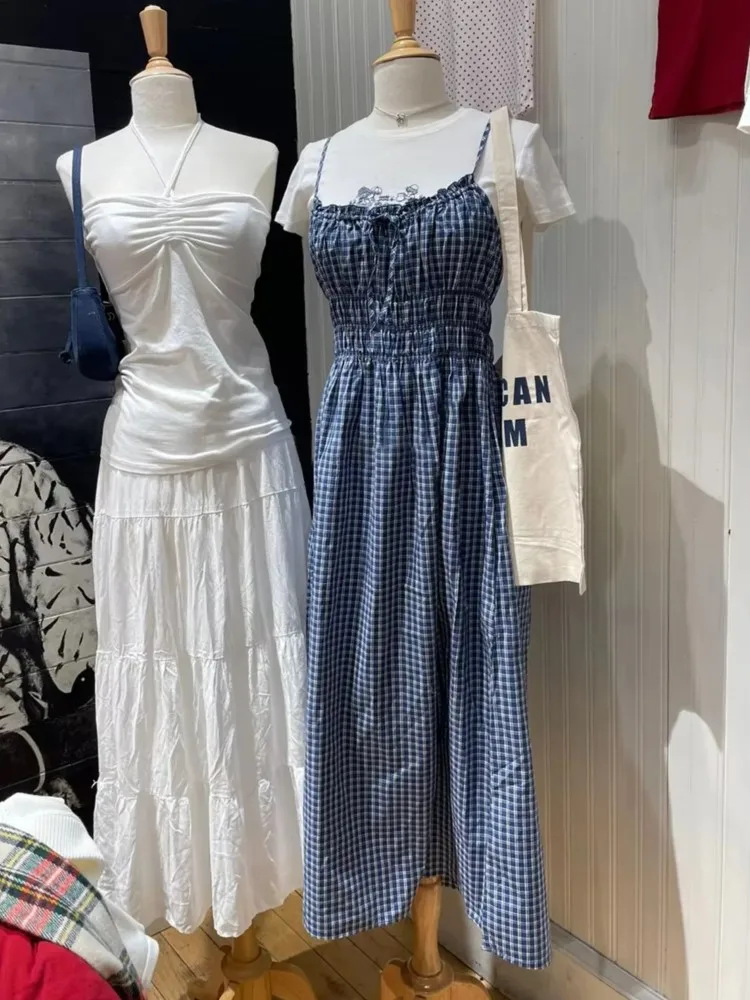 

Sweet Blue Plaid Sexy Backless Camisole Dress Women Ruffles Lace-up High Waist Sleeveless Long Dresses Vintage Cute Y2K Vestidos