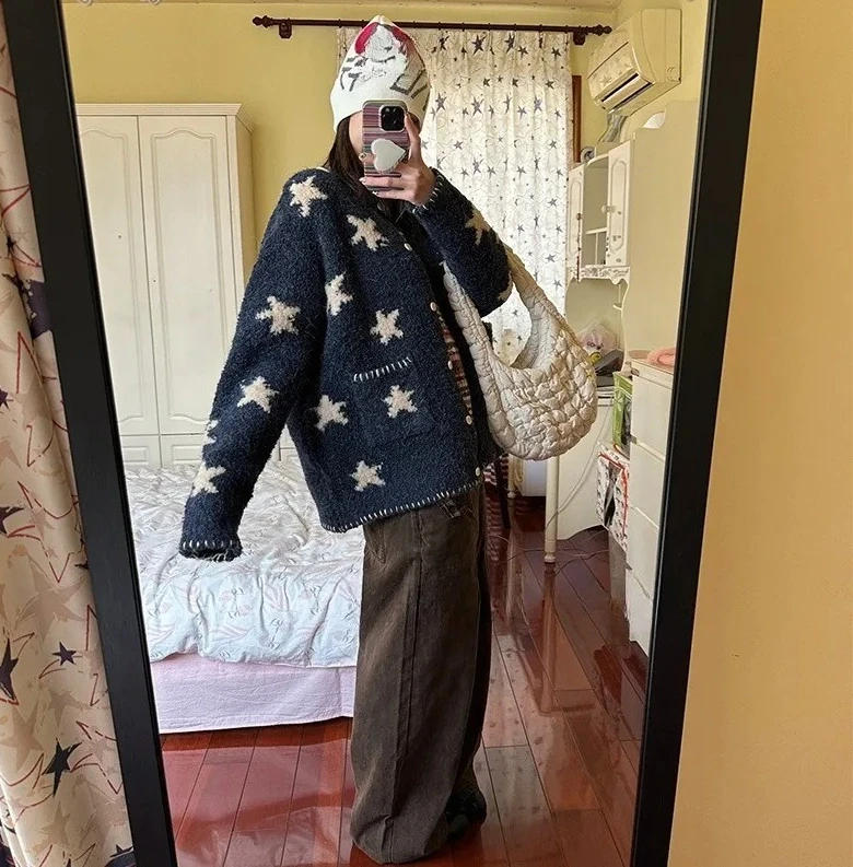 2025 inverno coreano vintage estrela impressão de malha cardigan feminino harajuku camisola manga longa casual outerwear senhoras malhas
