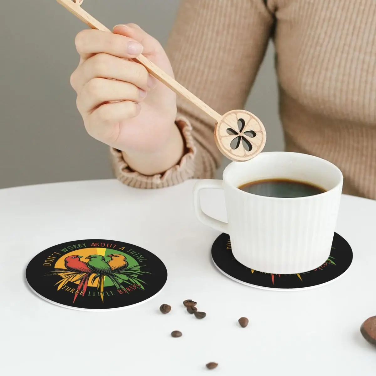 Kawaii Three Little Birds Reggae Coasters PVC Leather Placemats Non-slip Coffee Mats for Home Kitchen Dining Pads Set of 6