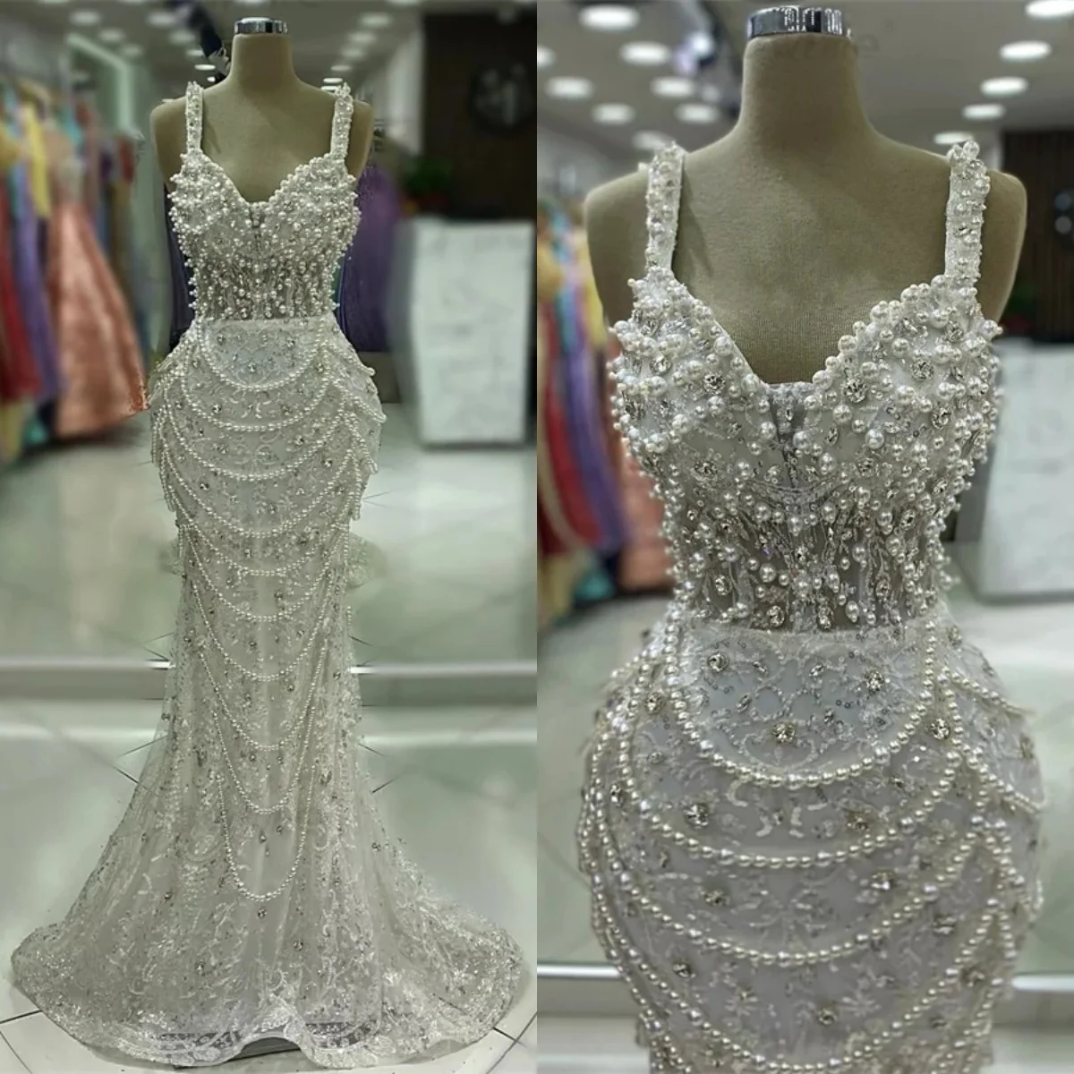 

Gorgeous Evening Dresses Off Shoulder Spaghetti Strap Sleeveless Gown Pearls Sequins Crystal Sweep Train Dress Party Customized