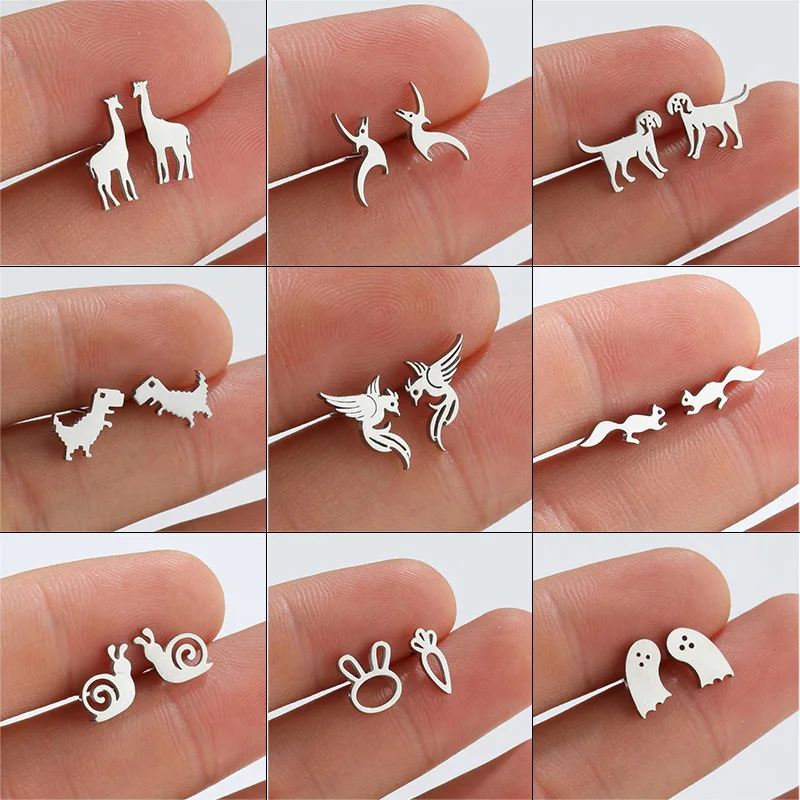 Pop Stainless Steel Giraffe Elk Earrings For Girls Kids Deer Dog Ghosts Nails Phoenix Squirrel Stud Ear Dinosaur Animal Jewelry