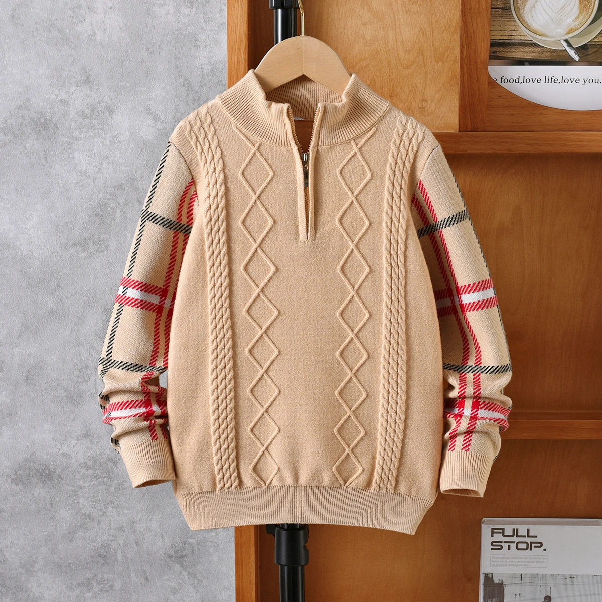 Boys' college style half zipper checkered sweater knitted twisted rope pullover suitable for school in spring, autumn and winter