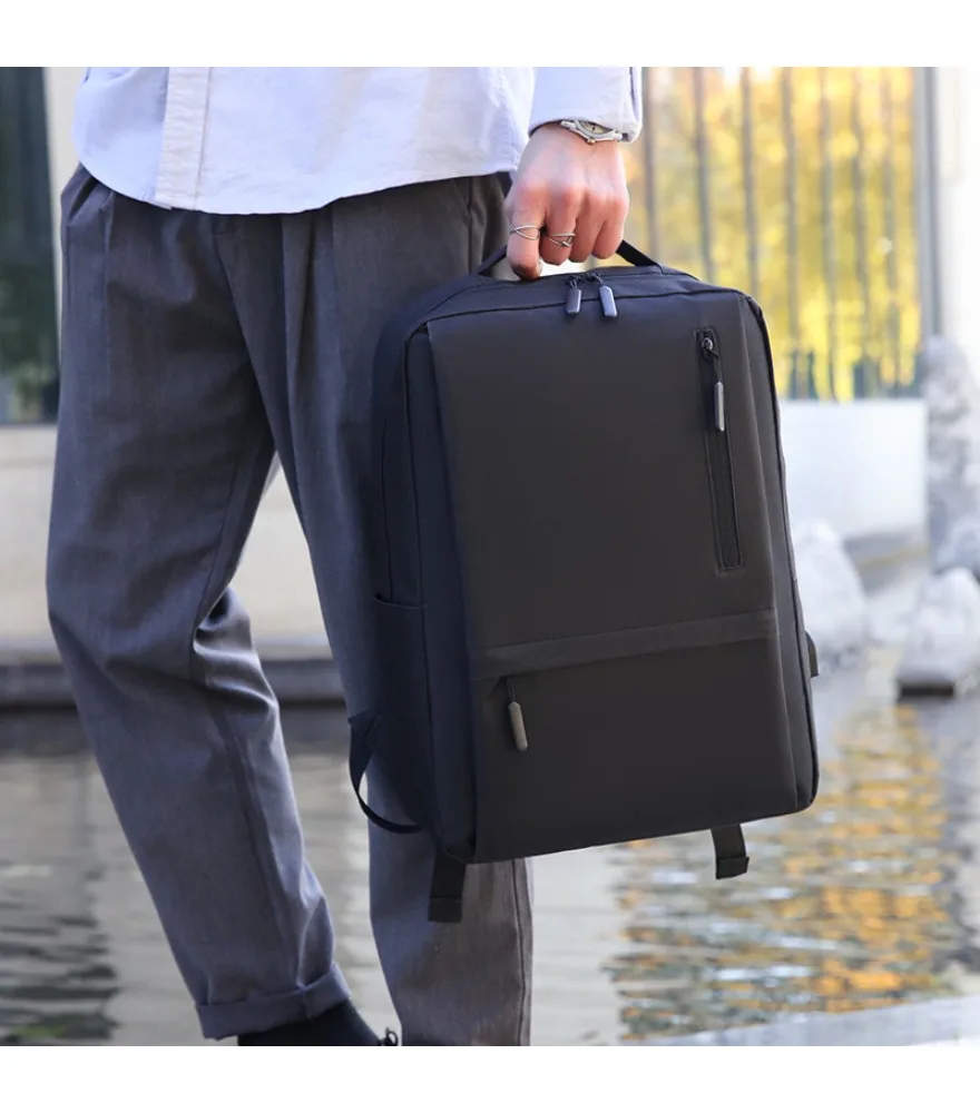 Black vertical zipper laptop backpack anti splash side USB port for men daily office commute short business travel