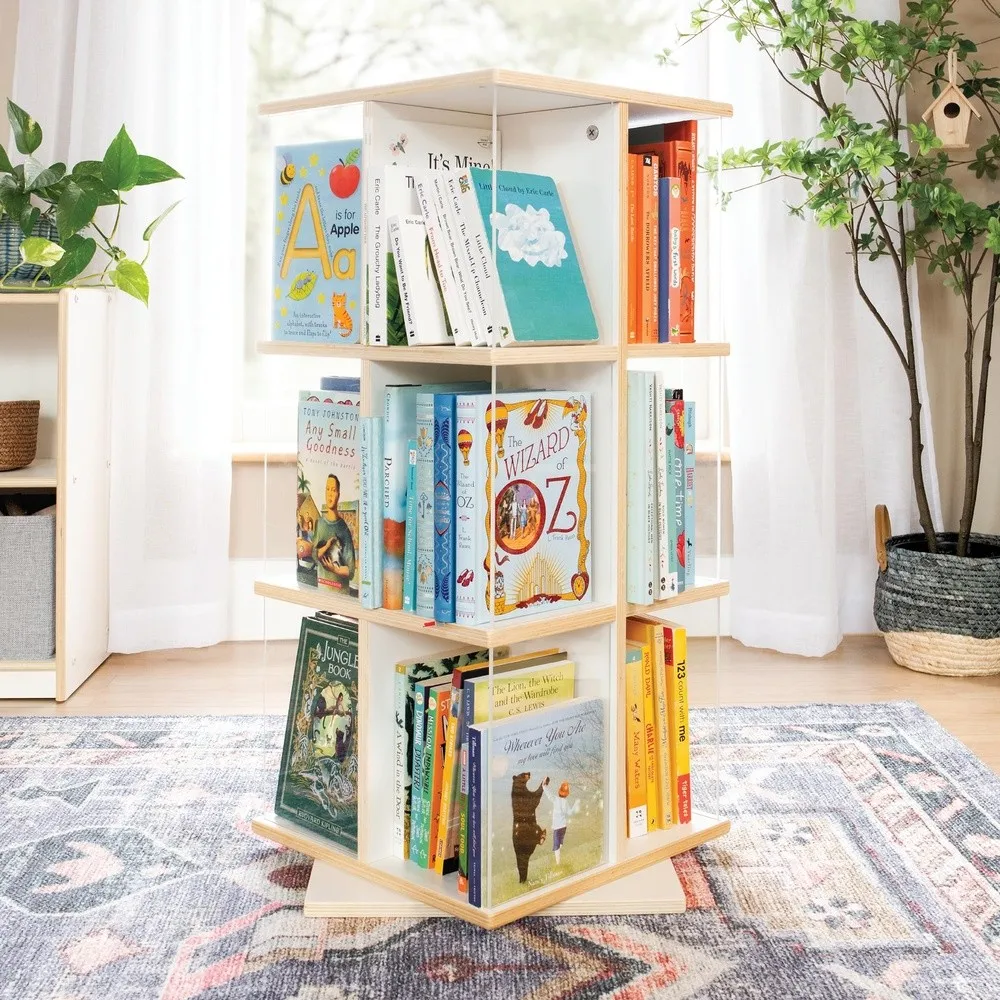 Guidecraft EdQ Rotating Bookshelf for Kids - White: 360 Spinning Plywood Book Organizer with Acrylic Windows: Montessori
