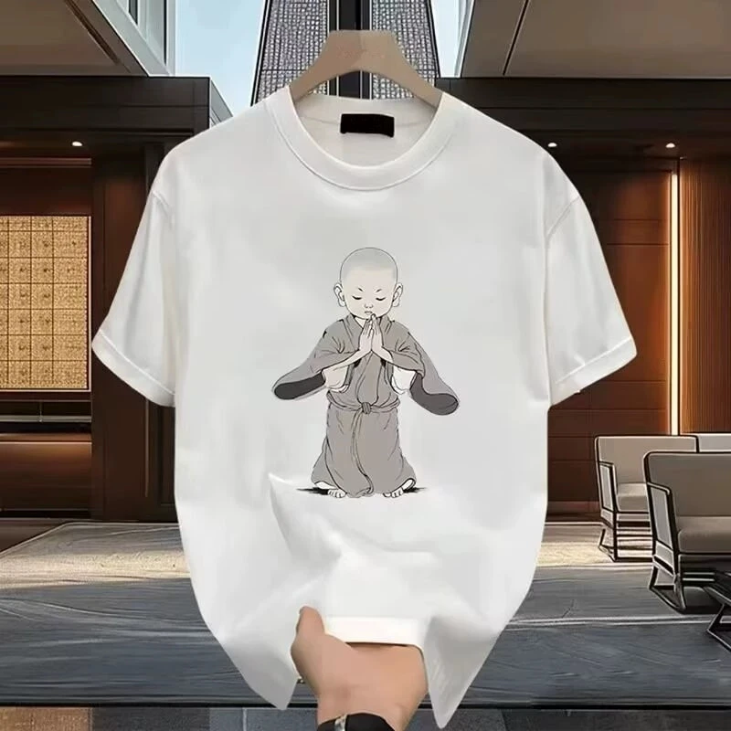 Men's Cotton T-shirts Fitted 5XL Black T Shirt for Men Casual Summer Wear Little Monk Print Tee Shirts White Men Clothing