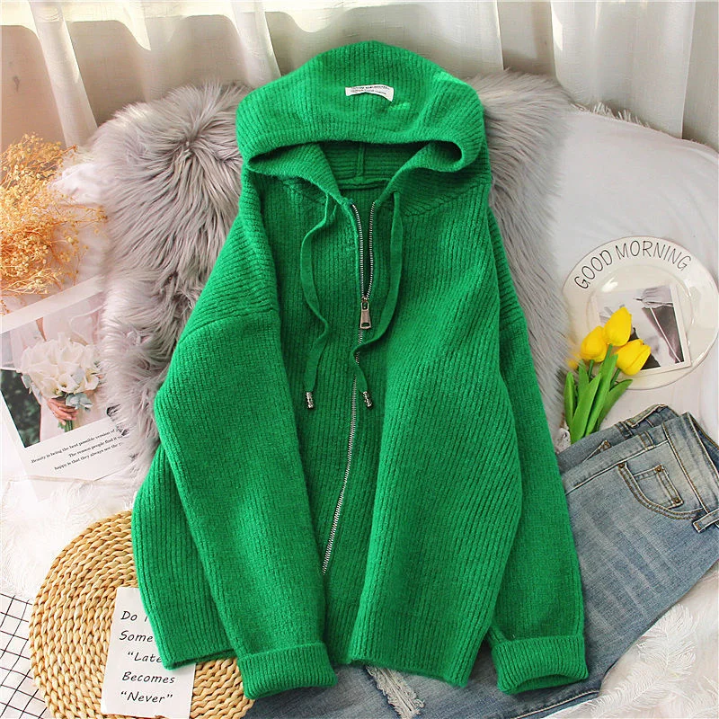 2023Spring New Fashion Temperament Thick Solid Color Hooded Knit Cardigan Zipper Coat Sweater Women Loose Top Thick Women\'s Wear