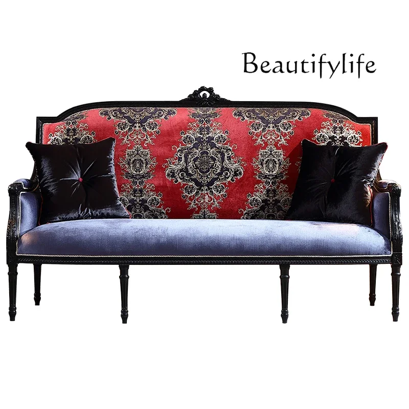 X35 Retro Solid Wood Carving Flower Fabric Leisure Sofa Imported Beech Luxury Villa Original Furniture