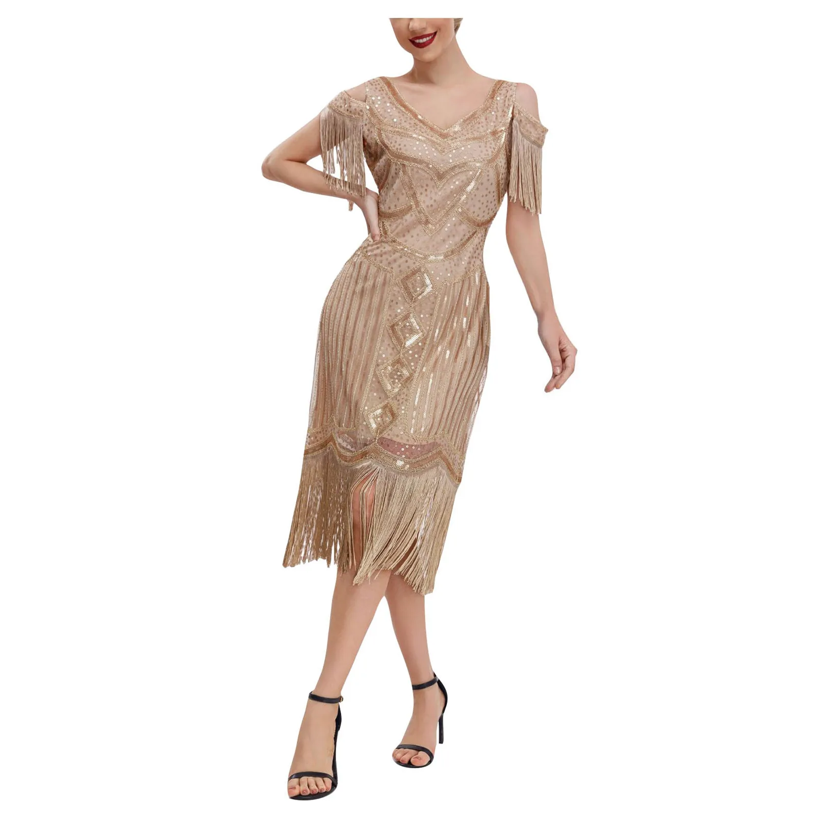 Vintage brüllende 20er Jahre große Gatsby Kostüm Kleid Fransen Perlen Pailletten Party kleid verziert Art Deco 1920s Flapper Kleid