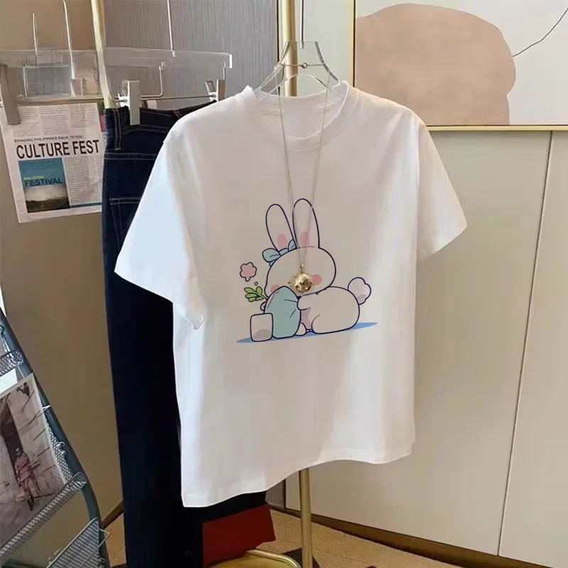 

Simple Cartoon Time Dreaming Little Rabbit Printed Cotton T-shirt for Women in Ins Summer Loose Casual Round Neck Top Clothes