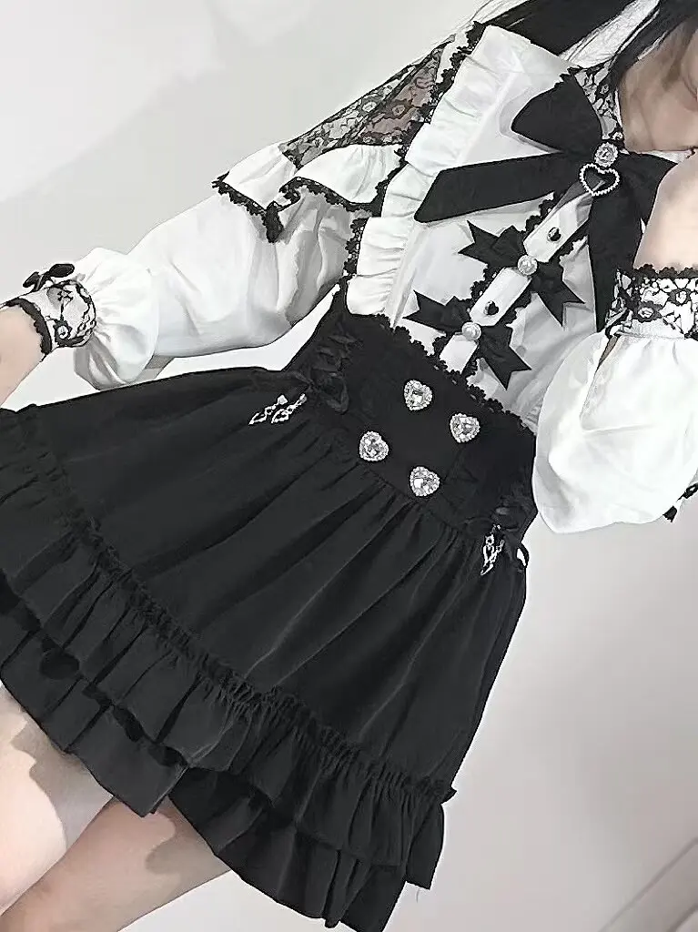 Jirai Kei High Waist Tiered Ruffle Cake Skirt Women Rhinestone Heart Button Gothic Lolita Short Skirt with Side Lace Up