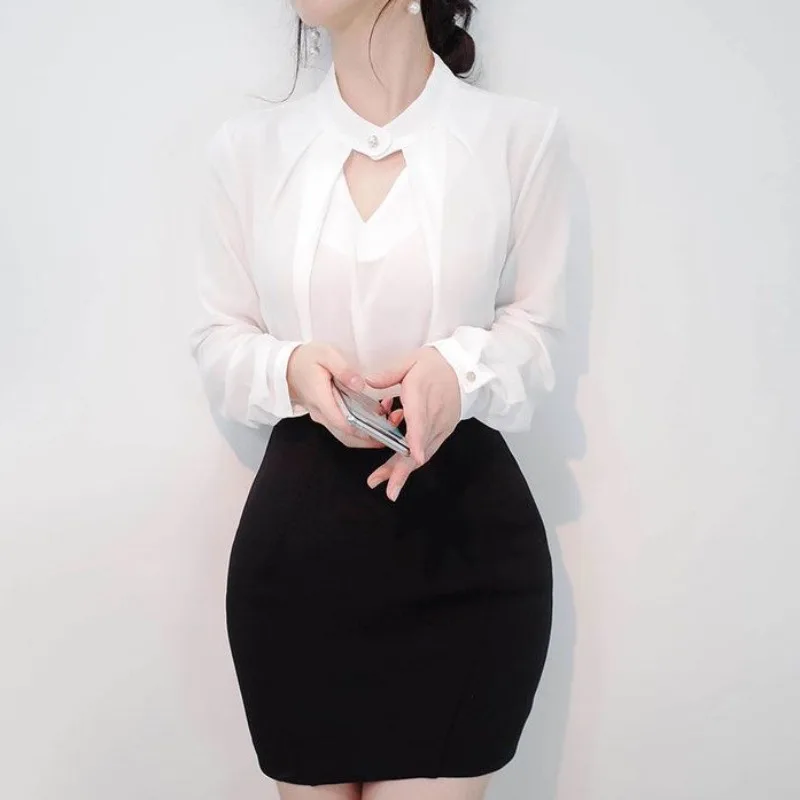 Solid Blouses Women Chiffon Shirts Long Sleeve Slim Hollow Sexy All-match Basic Spring Summer Tops Thin Chic Elegant Female Ins