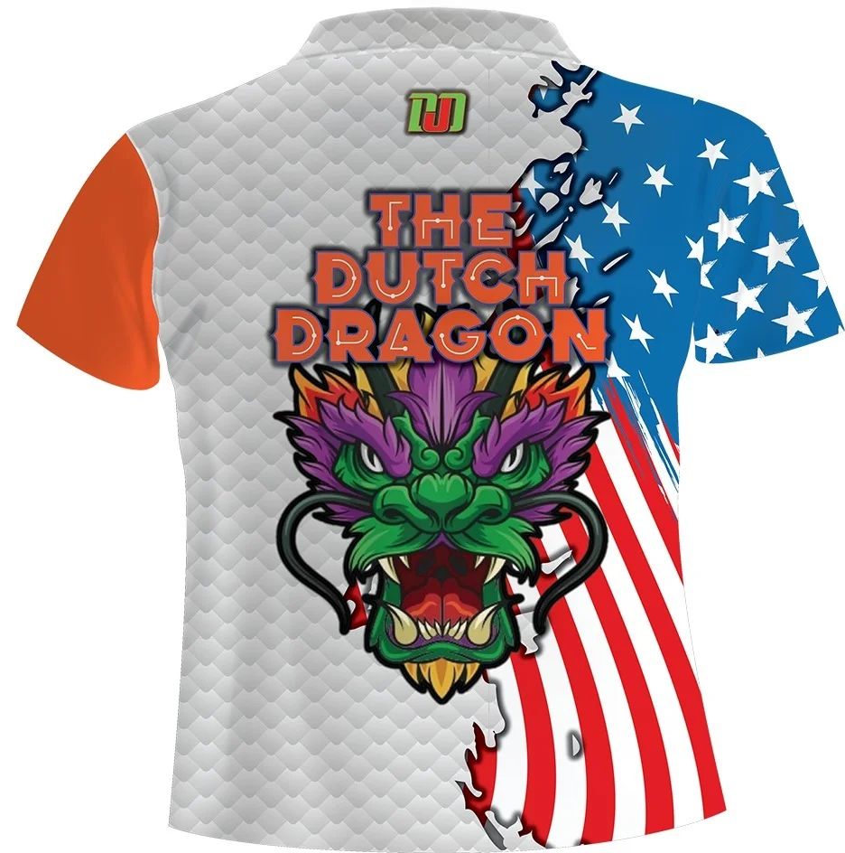 Men's Turn-Down Collar Half-Zip Darts Polo | Bold Dragon & Flag Print | 3D Casual Shirt for Amateur Dart & Daily Wear