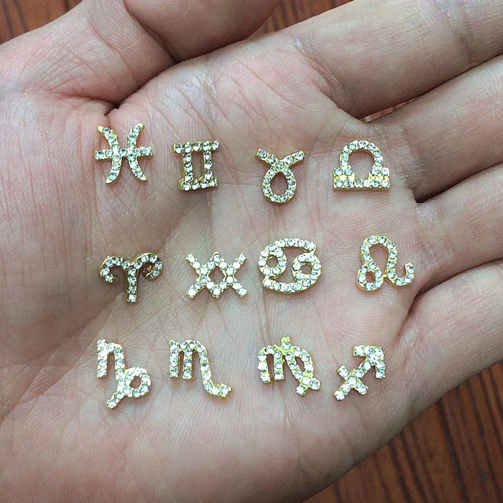 10pcs/lot Zircon Zodiac Alloy Nail Charms 12 Constellations Sign 3D Rhinestone Symbol Gold Flatback Nail Art Decorations Jewelry