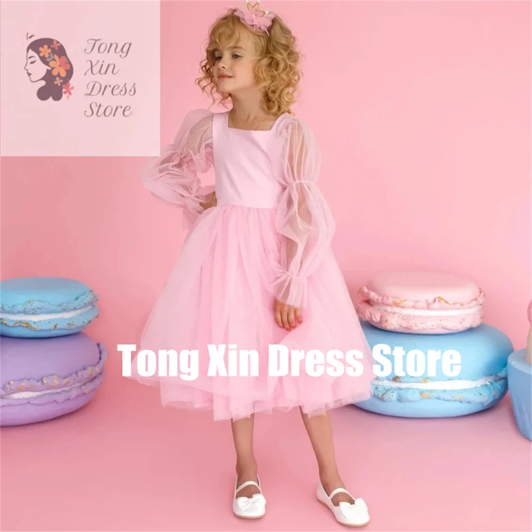 

Customized Pink Tulle With Bow Belt Long Sleeve Flower Girl Dresses For Wedding Birthday Party Banquet Holy Communion Gowns