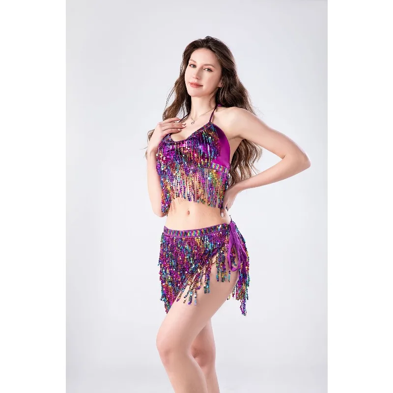 مجموعة أزياء الرقص الشرقي ذات شراشيب من الترتر اللامع للسيدات لمرحلة الملهى الليلي #6