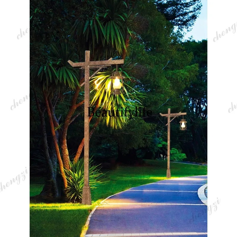 Waterproof Outdoor antique wood spinning landscape high pole lamp Chinese square courtyard lamp B & B camping scenic retro stree