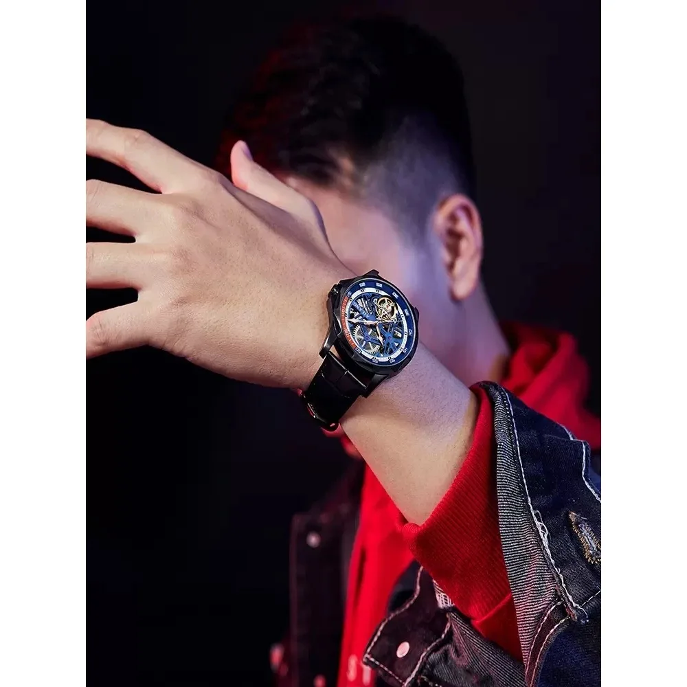 AILANG Brand New Fashion Blue Mechanical Watch for Men Sports Rubber Strap Waterproof Skeleton Luxury Tourbillon Watches Mens