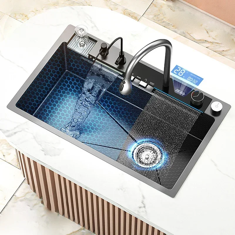 Stainless Steel Waterfall Kitchen Sink Large Single Slot With Digital Display Faucet Apartment Multifunctional Wash Basin