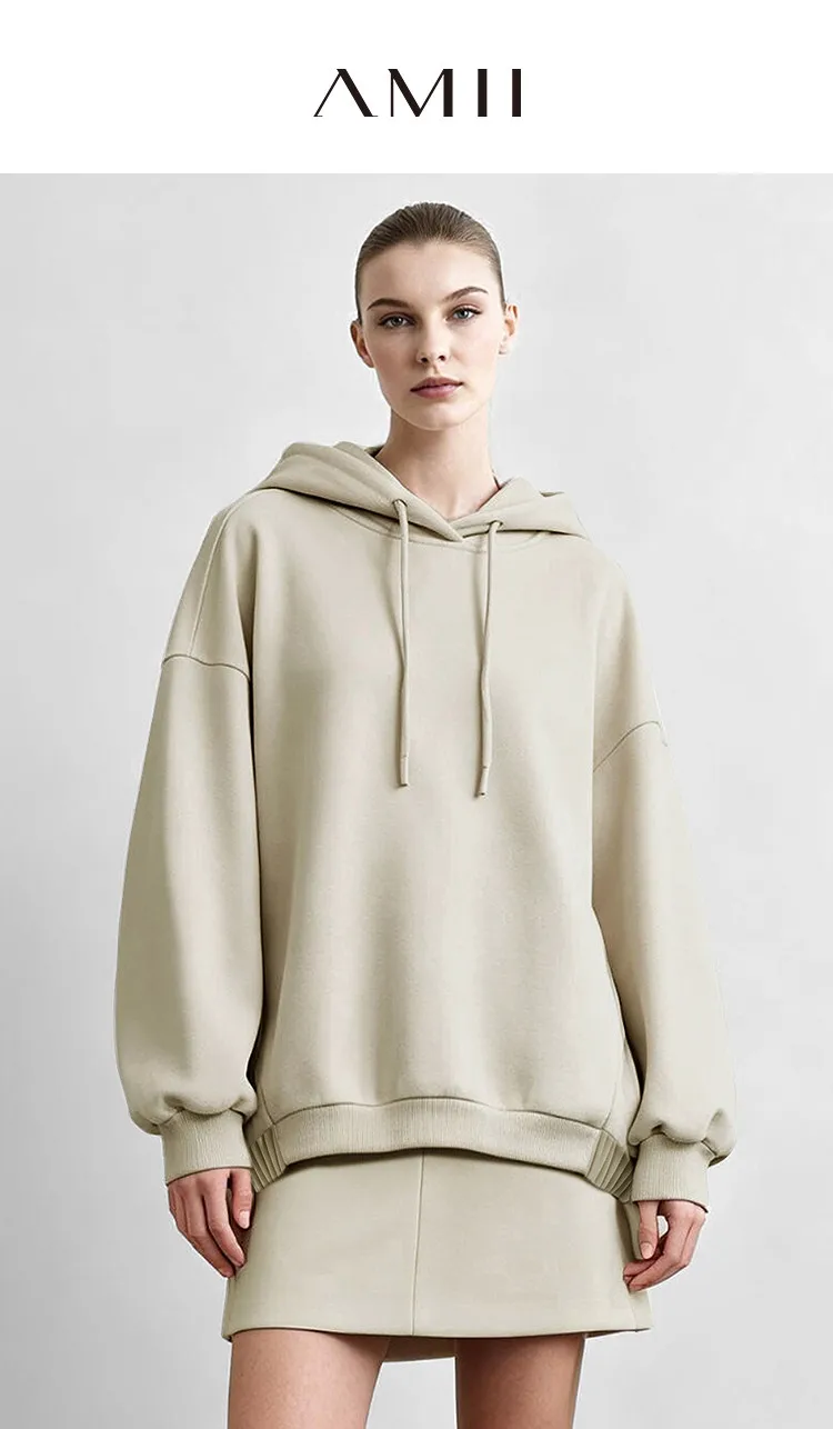 Amii Hooded Pullover Sweatshirt Drawstring Drop Shoulder Loose Fit Slimming Casual 2026 Winter Women's Clothes 12624037