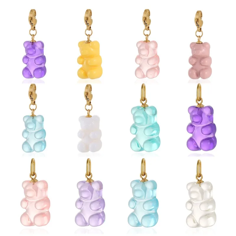 Cute Gummy Bear Charms Gold Plated Translucent Resin Candy Bear With Lobster Clasp Pendants For DIY Jewelry Making