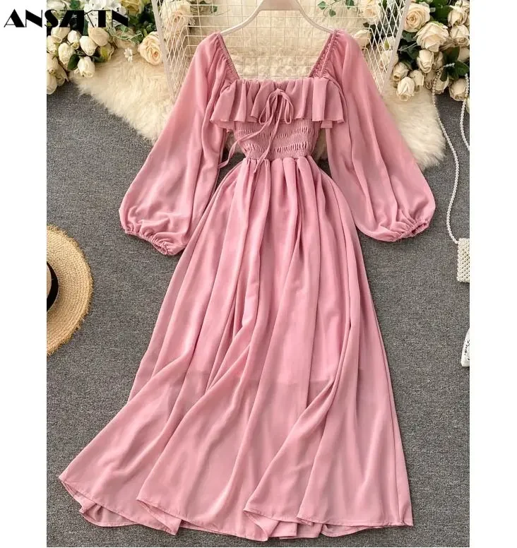 ANSZKTN estilo francés cuello cuadrado Puff manga larga hermoso vestido ahumado gasa Maxi vestidos para mujer señora