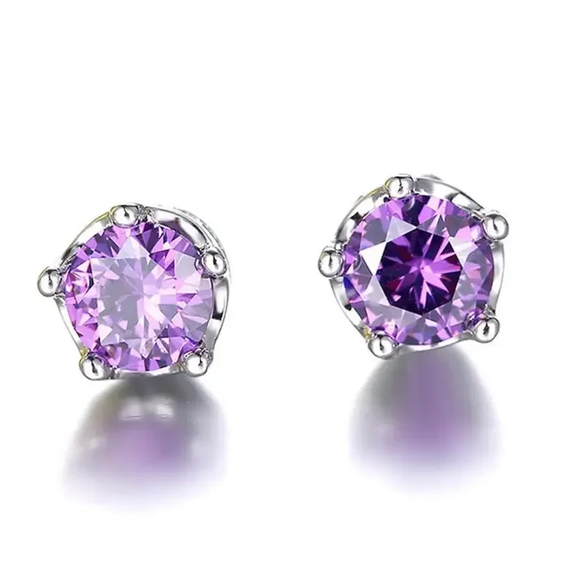 Hot Sales 925 Sterling Silver Purple Amethyst Stud Earrings For Women Classic Real Crown Crystal Wedding Party Designer Jewelry
