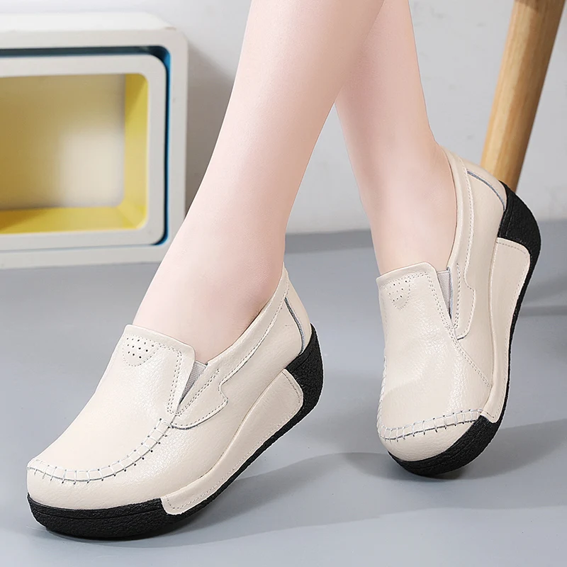 Lightweight Flat 42 Big Size shoes Thick Bottom Genuine Leather Set Feet Casual Shoes Women Ladies Platform Walking Wedges Shoes