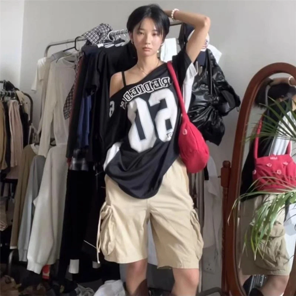 Asymmetrie Sportliches Freizeit-T-Shirt Englischer Buchstabe Zahlen Kurzarm Top Vielseitiger Atmosphärenstil Harajuku Kurzarm Club