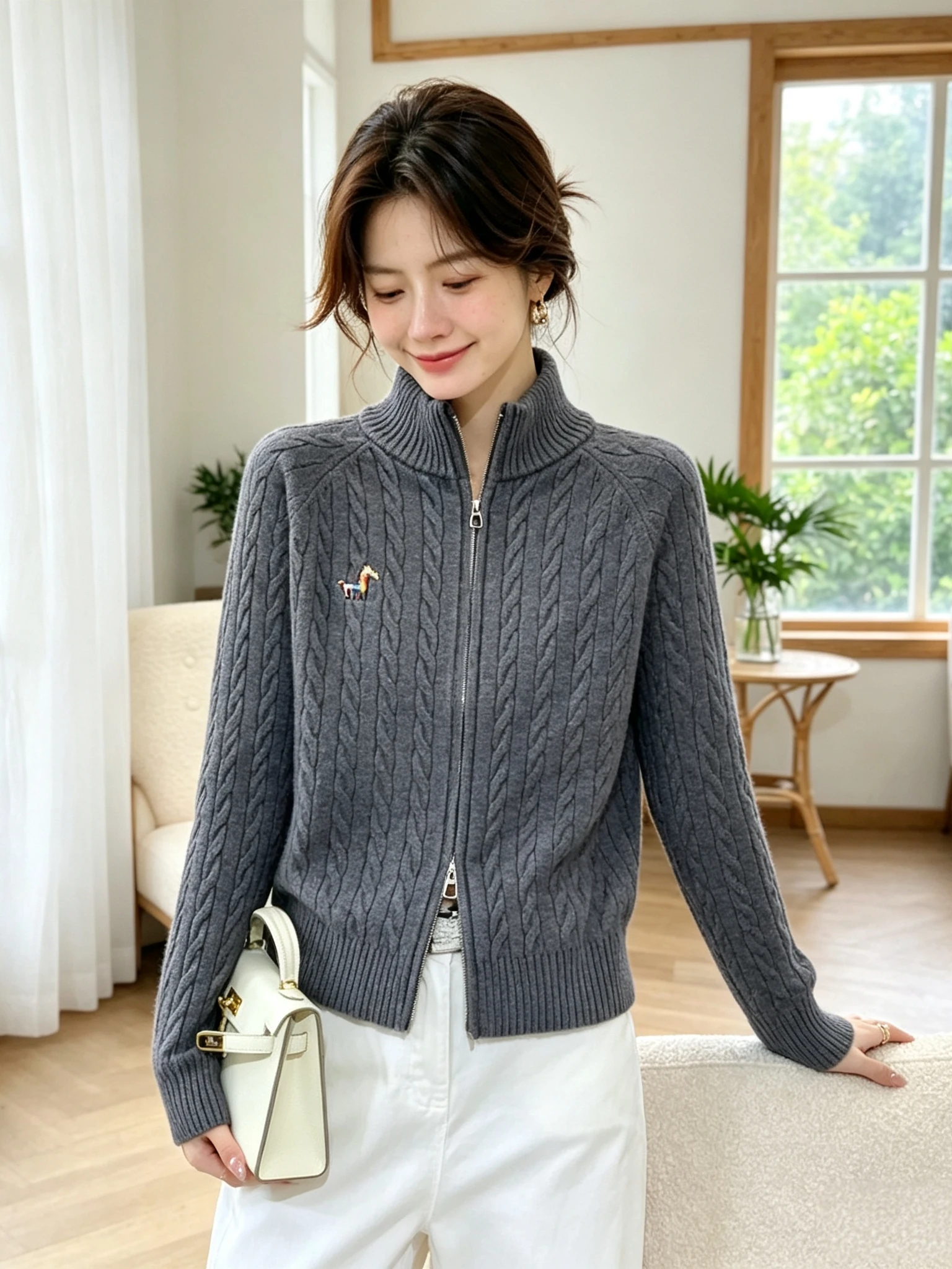Casual Style Knitted Long Sleeve Sweater with Zipper And Embroidery for Women Thickened Polyester Fiber Autumn Season Wear