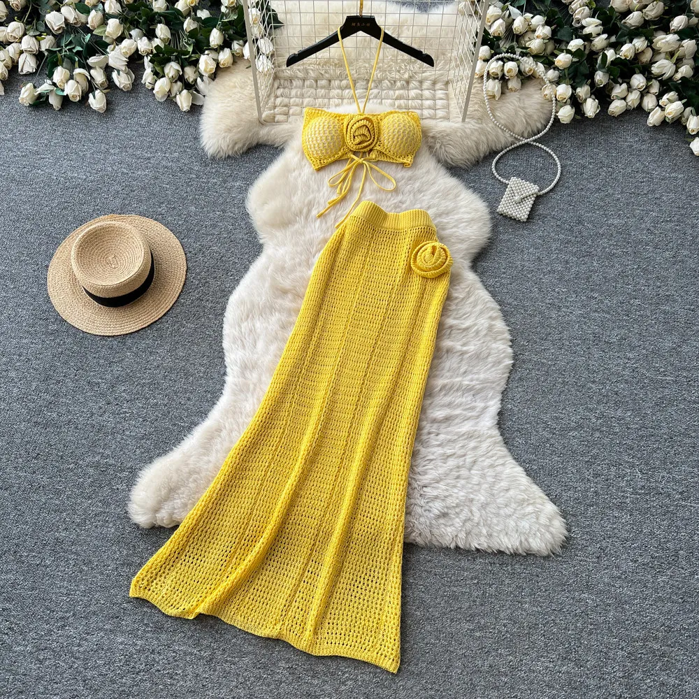 

Two Piece Sets Women Skirt Set Sexy Knit Strapless Sleeveless Backless Tops Long Skirts High Waist Y2k Streetwear Elegant Beach