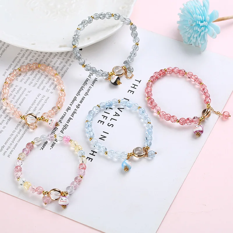 Sweet Personality Girl's Colorful Cracked Cystal Smiley Face Lucky Cat Bracelet Female Japanese and Korean Simple Burst Beads Be