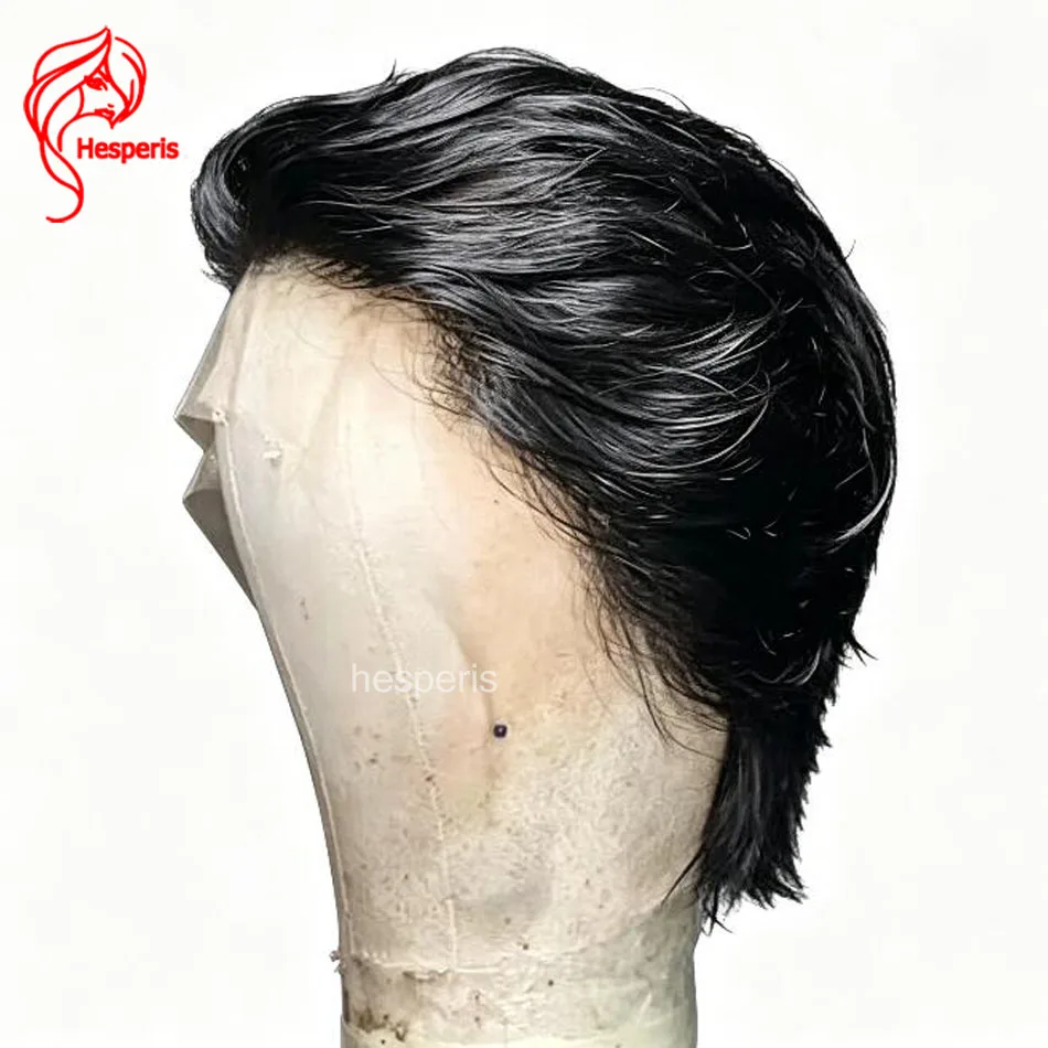 Hesperis Men's Wig Human Hair Lace Front Pre Styled Natural Wavy 13x6 Deep Part Lace Front Layered Cut Short Wig for Male