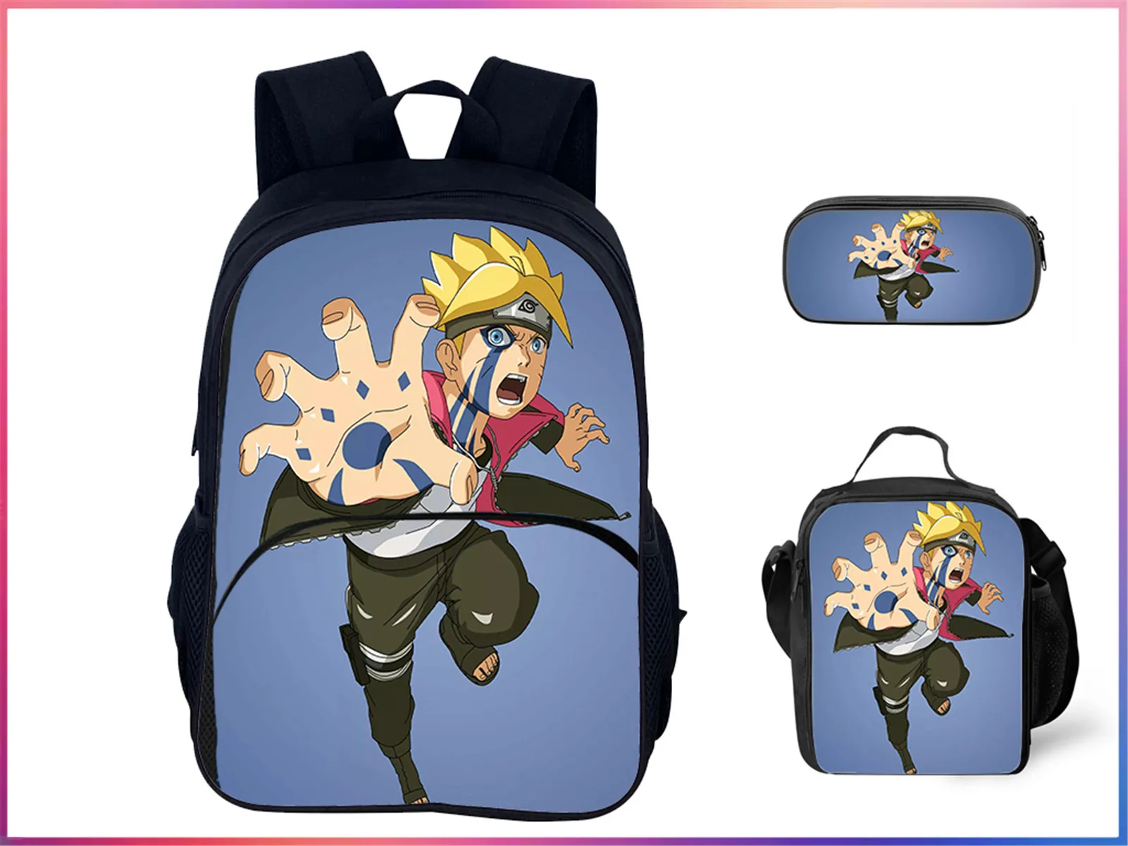 Легкий рюкзак 3 в 1, маленький ребенок Наруто, классическая сумка для книг с передним карманом и изолированной сумкой для обеда + коробка для ручек