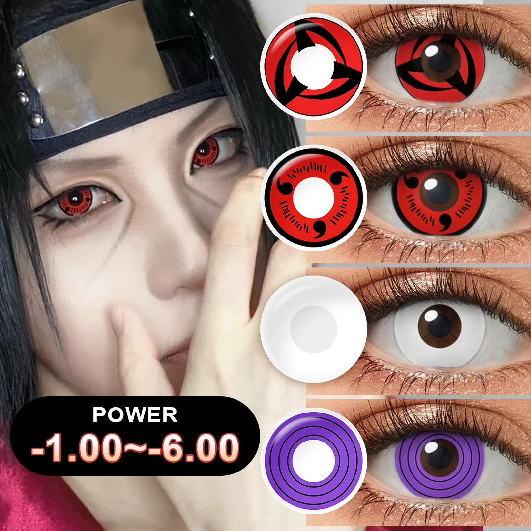 (0.00~-6.00) Lentes de Contacto Anuales PSEYECHE con Graduación para Halloween, Lentes de Contacto de Anime Sasuke Cosplay Sharingan Rinnegan