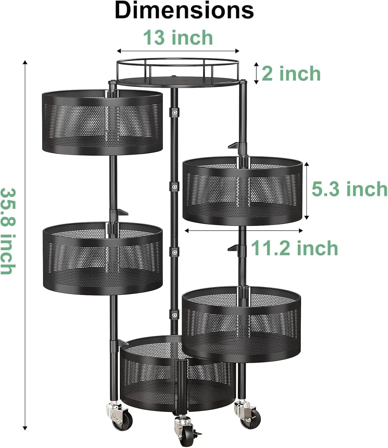 

Fruit Vegetable Basket for Kitchen, Rotating Storage Rack, 5 Tier Rolling Cart with top lid, Large Metal Wire Wheels, Black