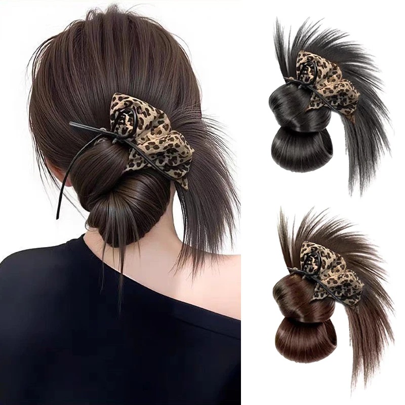 

Synthetic Messy Claw Clip Hair Bun Extensions Wig Low Updo Hair with Leopard Print Hair Scrunchie for Women Daily Use Hair Piece