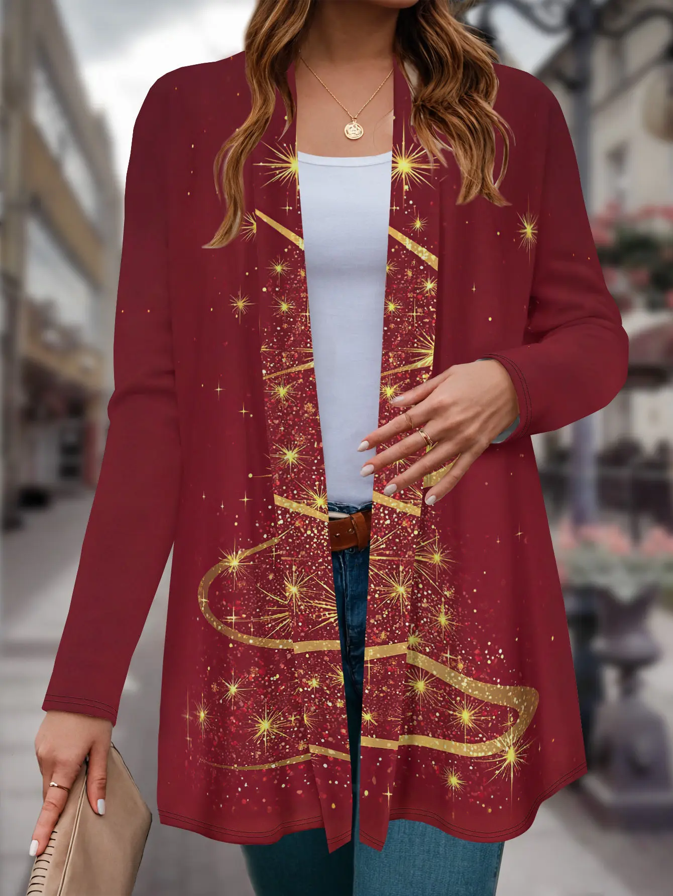 سترة نسائية بطبعة شجرة عيد الميلاد، قماش محبوك ناعم، أكمام طويلة مفتوحة من الأمام، نمط كاجوال أنيق، غطاء ربيع الخريف