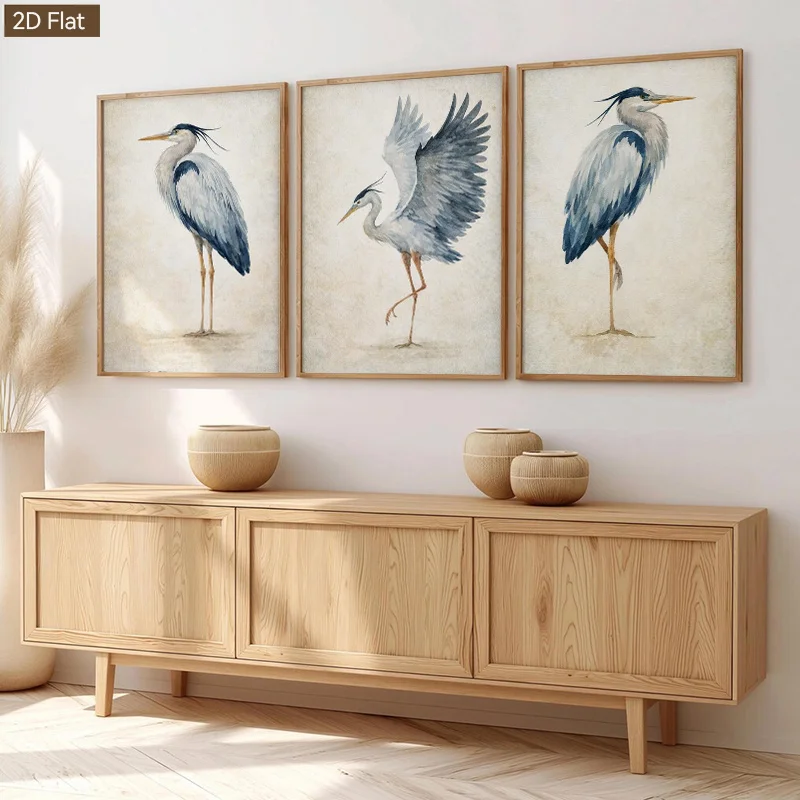 2D/Flat 3pcs Vintage Watercolor Style Heron Wing-Spreading Decorative Painting, Elegant Wall Art for Living Room Entryway,