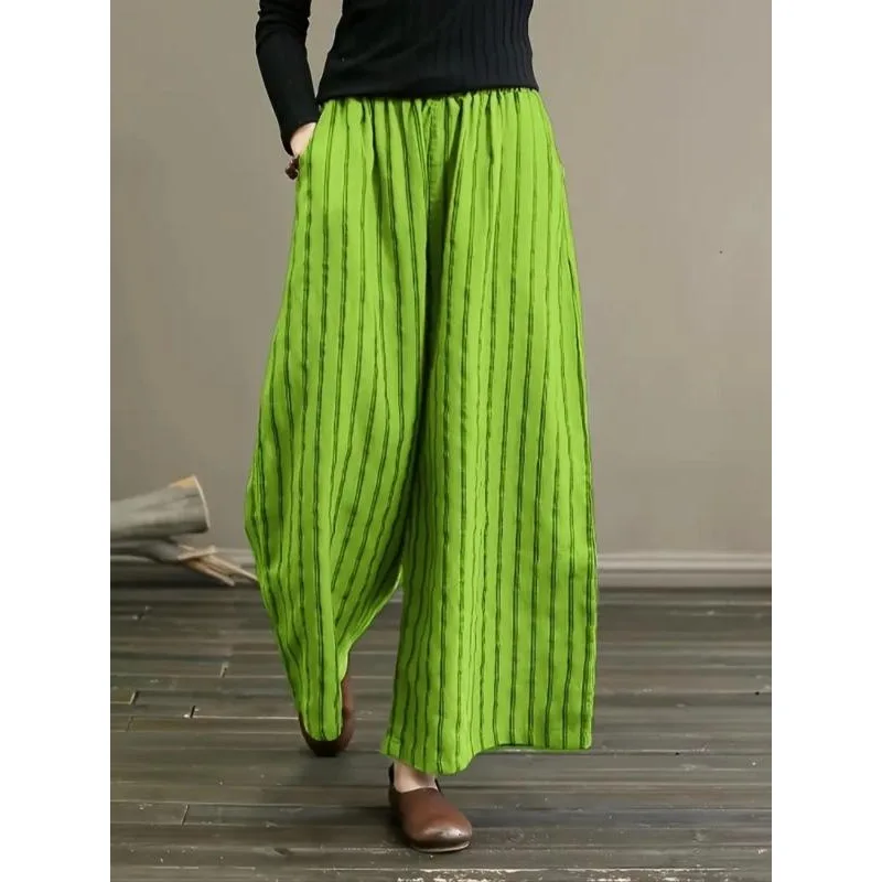 حجم كبير 1XL-5XL السراويل الصيفية النسائية مخطط واسعة الساقين تظهر التخسيس ﻿