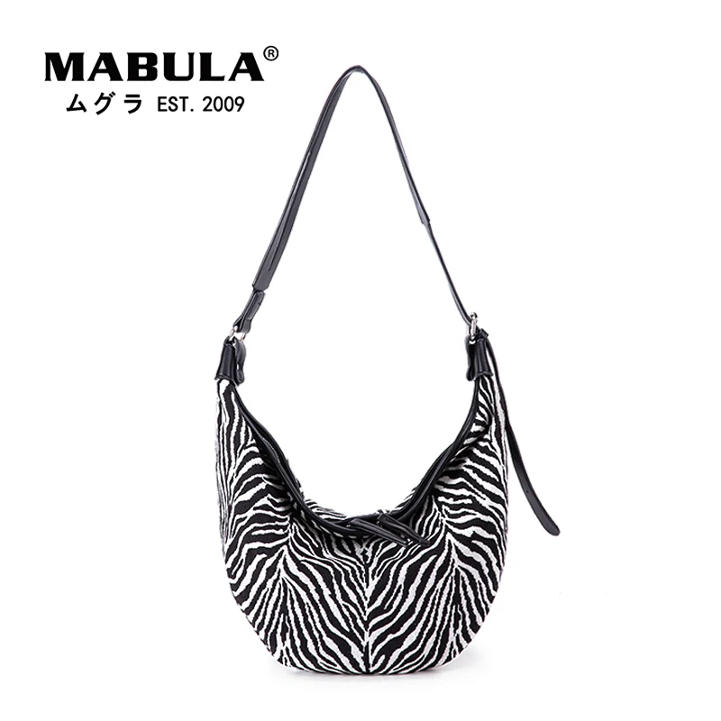 MABULA  Canvas Half Moon Women Shoulder Bags With Zebra Pattern Large Capacity Crossbody Chest Bag Fashion Purses