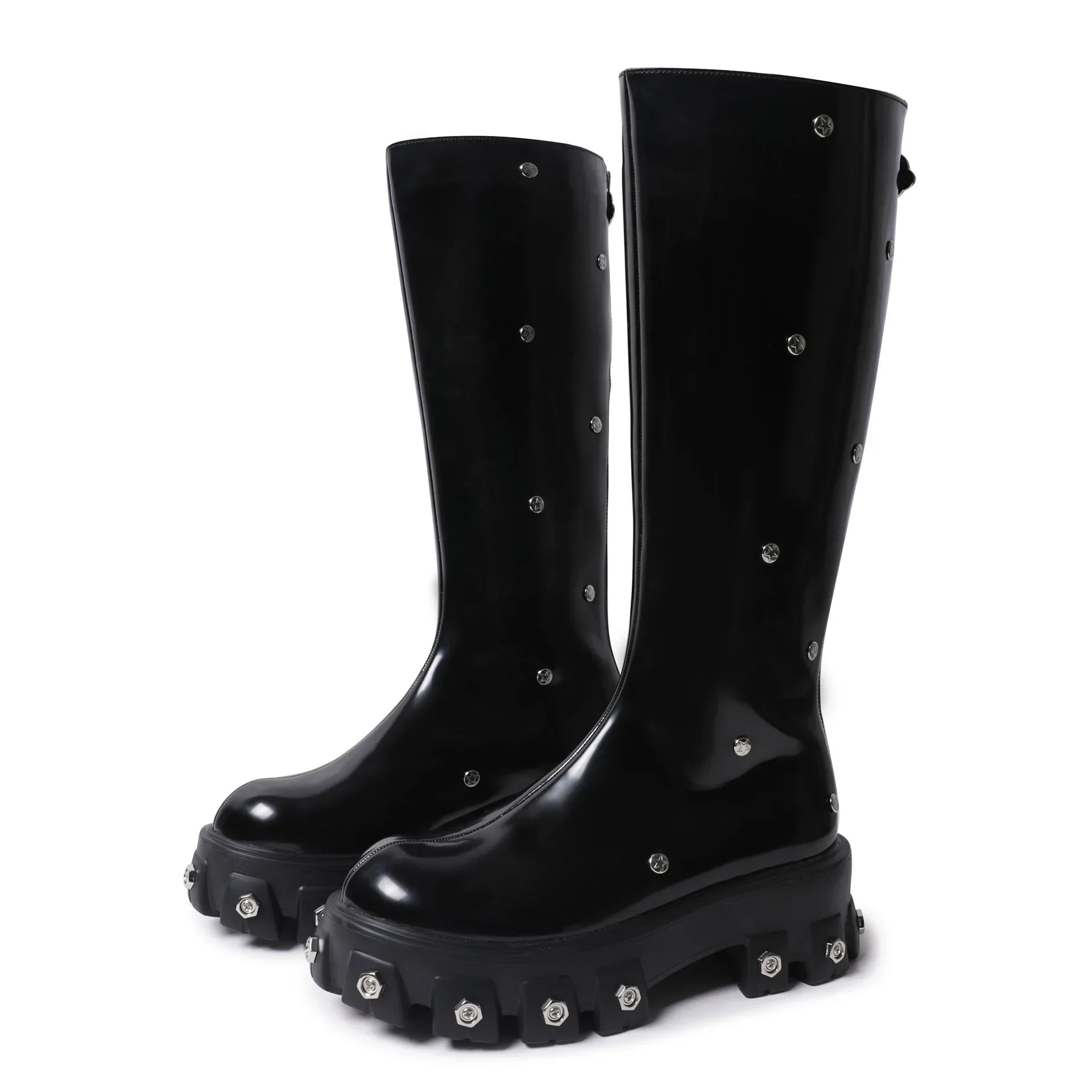 

Punk Style Metal Decoration Thick-Soled Versatile High Boots Retro Round Head Square Heel Zipper Slim Sexy Women's Boots