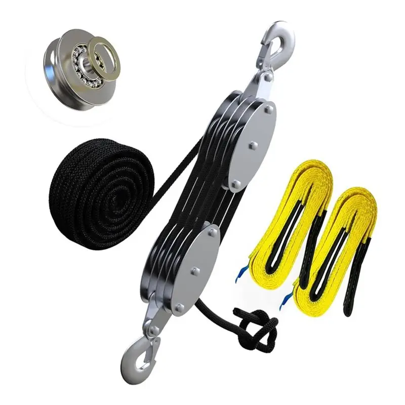 B23B Rope Hoist Pulley System W/2 Tow Straps, Block And Tackle 4400LBS 8:1 Power, 65FT Polypropylene Fibers Rope
