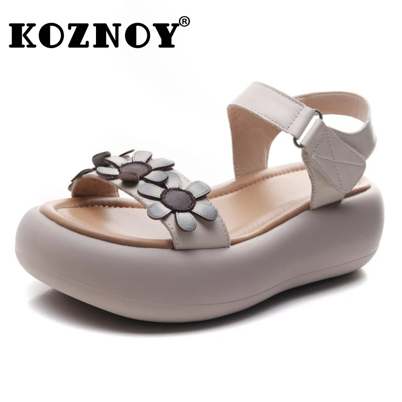 

Koznoy 6cm Cow Genuine Leather Hollow Mary Jane Sandals Platform Wedge Hook Women Summer Flower Slippers Pumps Shoes Flats