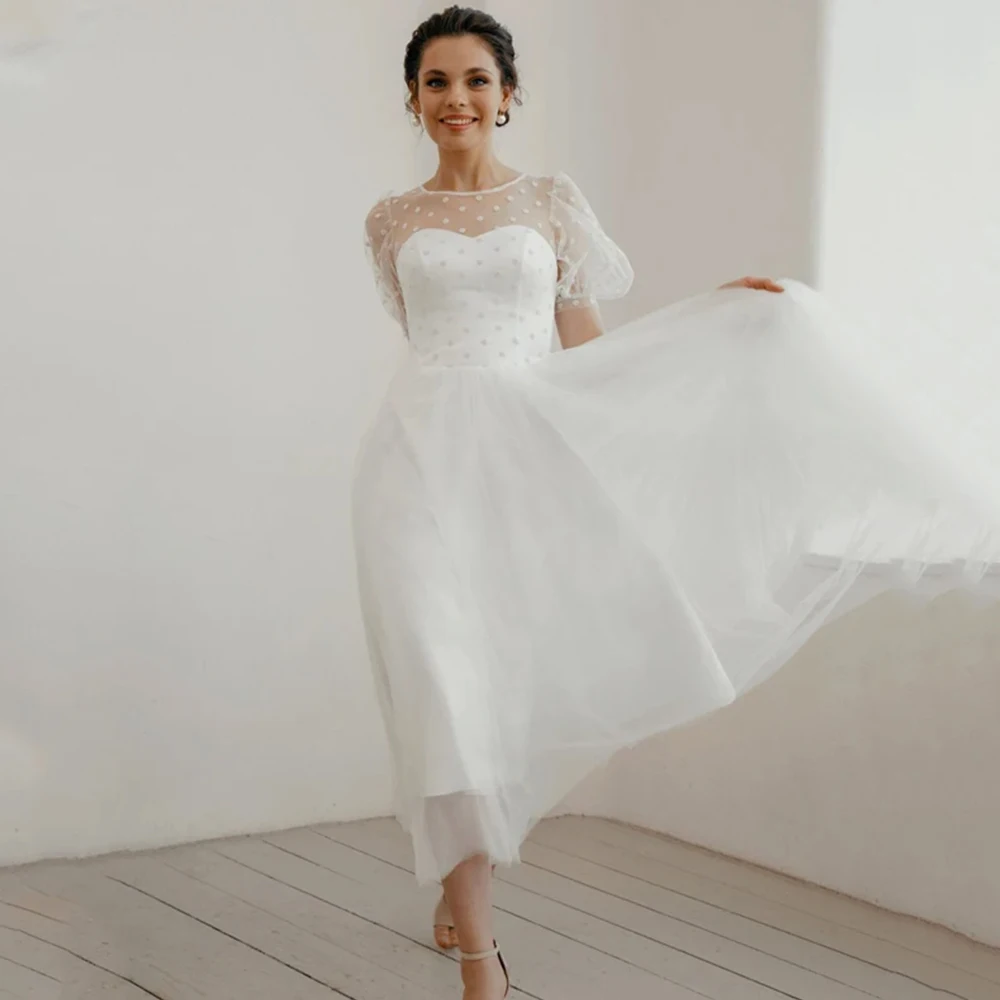 

Tea-Length Wedding Dress O-Neck Puff Short Sleeves A-Line Illusion Tulle Bridal Civil Custom Made Gowns for Marriage Register