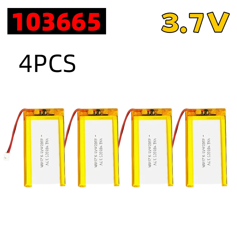 103665 3,7 V 3000 mAh wiederaufladbarer Polymer-Lithium-Akku mit JST PH2.0-Stecker, Li-Po-Akku mit hoher Kapazität, Kamera, GPS, MP5-Headset