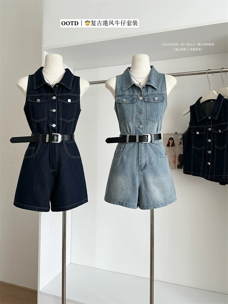 

Summer Women Korean Fashion 2000s Preppy Shoujo Trendy Denim Y2k Outfits 2 Piece Set Sleeveless Vest + Jean Shorts With Belt New