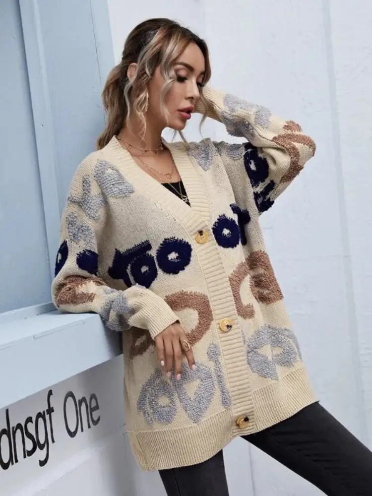 Autumn/winter fashion knit letter cardigan single-breasted long-sleeved coat temperament commuter sweater top