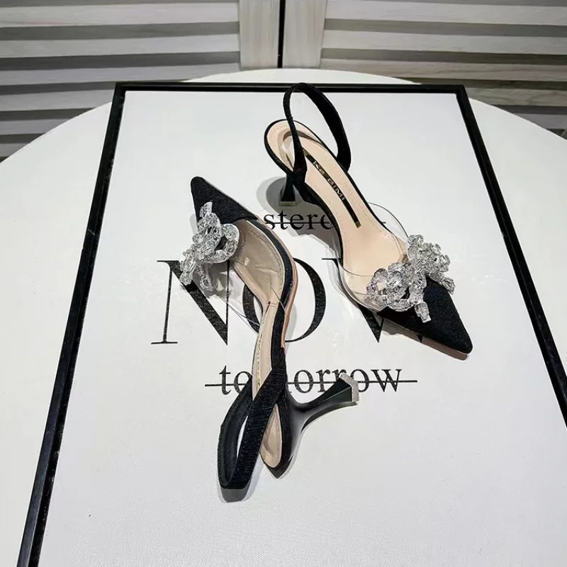 Summer 2024 Stiletto Sandals for Women Thin Heels Ladies Shoes Clear Footwear Black Transparent Bow Pointed Toe Closed Sale Vip