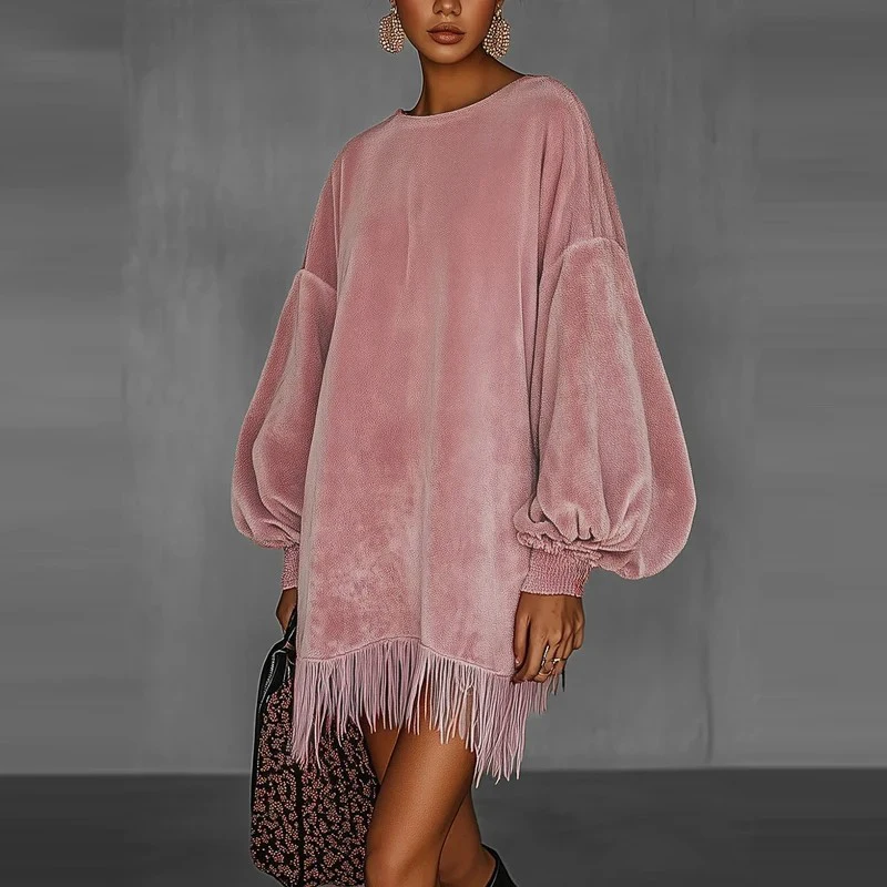 Elegant Tassel Splicing Loose Short Dress Casual O-neck Lantern Sleeve Party Dress Women Fashion Hight Street Solid Mini Dress